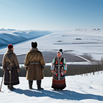 **A panoramic view of Siberia:** Capture the vast, snowy landscapes with unique Siberian dialect words subtly overlaid as if part of the environment. Include elements of Cossack culture in the clothing of figures present in the landscape.