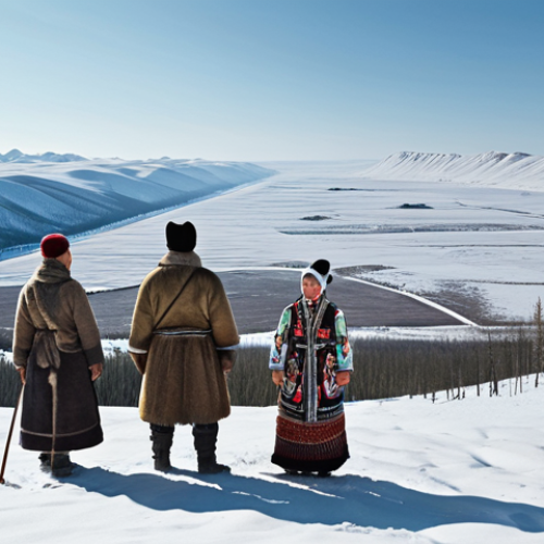 Home 4 **A panoramic view of Siberia:** Capture the vast, snowy landscapes with unique Siberian dialect words subtly overlaid as if part of the environment. Include elements of Cossack culture in the clothing of figures present in the landscape.