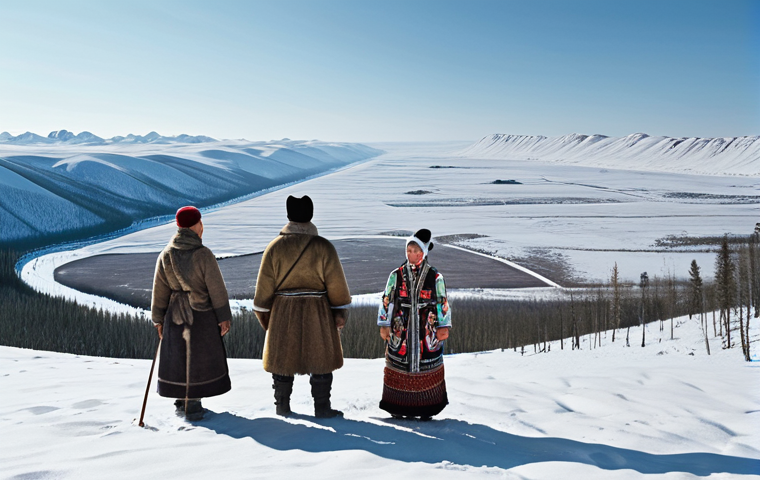**A panoramic view of Siberia:** Capture the vast, snowy landscapes with unique Siberian dialect words subtly overlaid as if part of the environment. Include elements of Cossack culture in the clothing of figures present in the landscape.