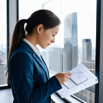 **

A professional female architect in a modern, bright office, reviewing blueprints. She is wearing a tailored blazer and slacks, fully clothed. The office features large windows overlooking a cityscape. Safe for work, appropriate content, perfect anatomy, natural pose, professional environment.

**