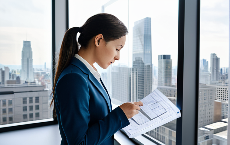 **
A professional female architect in a modern, bright office, reviewing blueprints. She is wearing a tailored blazer and slacks, fully clothed. The office features large windows overlooking a cityscape. Safe for work, appropriate content, perfect anatomy, natural pose, professional environment.
**