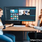 Home 22 디지털 콘텐츠 사전 - A modern digital content creation workspace featuring a diverse team of Russian content creators col...