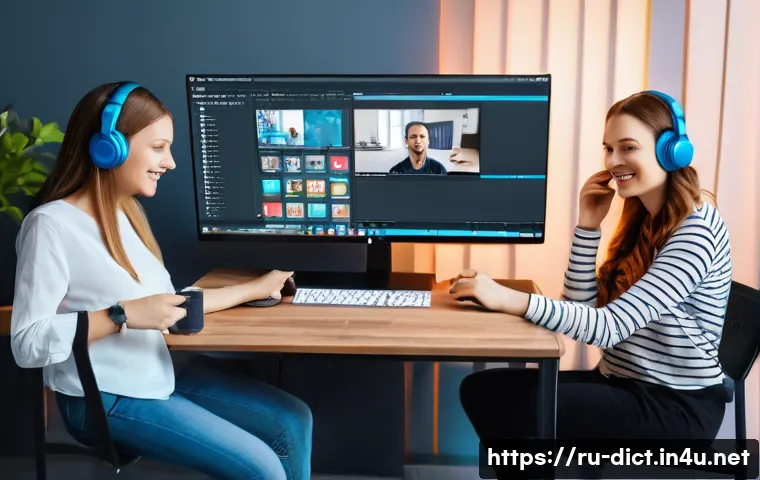디지털 콘텐츠 사전 - A modern digital content creation workspace featuring a diverse team of Russian content creators col...