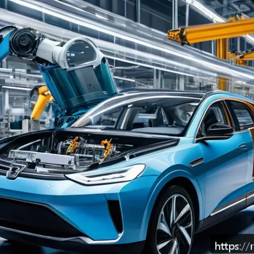 Home 31 로봇 공학 용어집 - A high-tech industrial robot arm operating in a modern automotive assembly line, surrounded by metal...