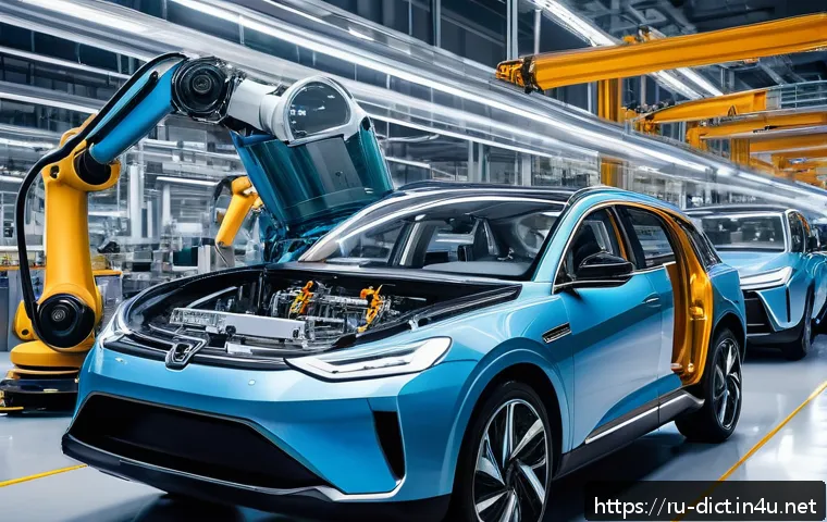 로봇 공학 용어집 - A high-tech industrial robot arm operating in a modern automotive assembly line, surrounded by metal...
