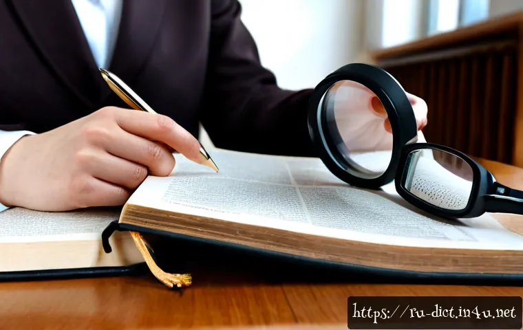 Home 17 사전의 정확도 - Photorealistic close-up of a Russian language researcher comparing two thick unbranded dictionaries ...